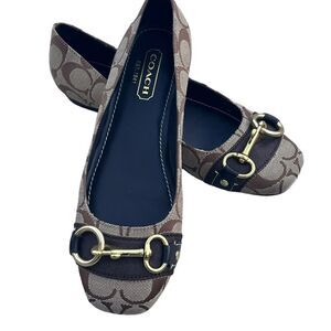 Brown Coach Logo Round Toe Ballet Flat w/Gold Fittings Like New Size 6B